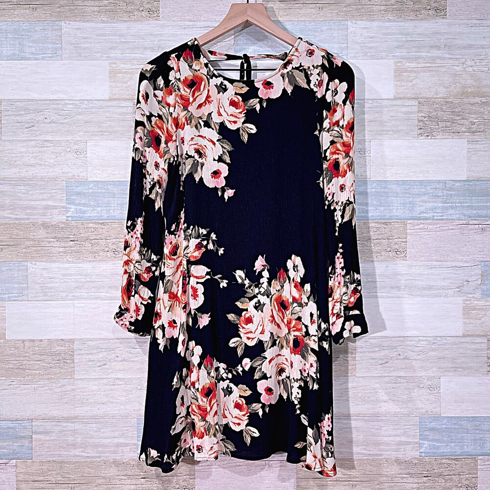 ALTAR'D STATE Floral Long Sleeve Shift Dress Black Mini Casual Boho Womens Small